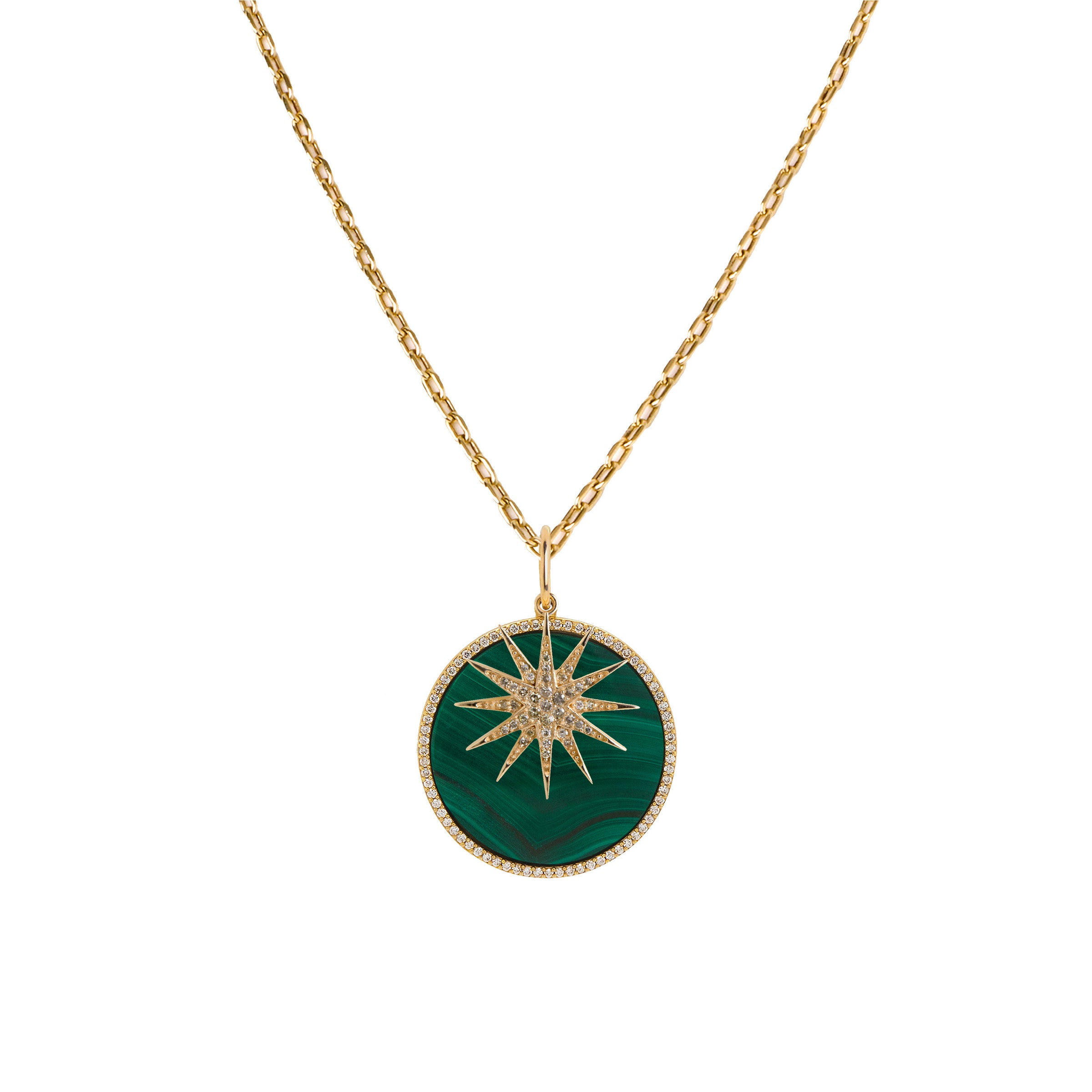 LARGE MALACHITE MEDALLION & STARBURST DIAMOND CHARM NECKLACE