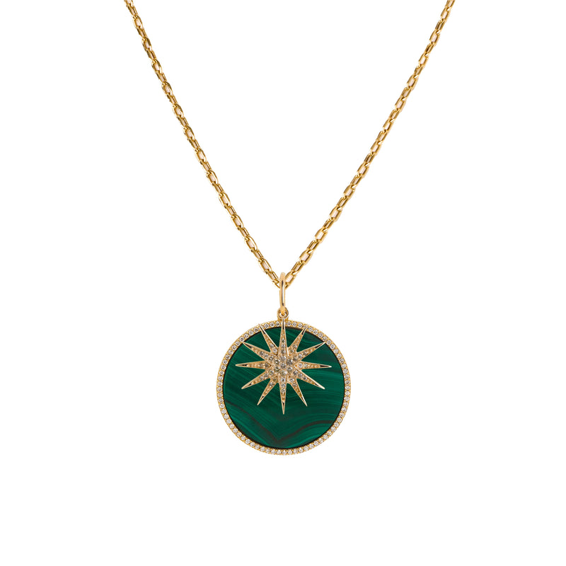 LARGE MALACHITE MEDALLION & STARBURST DIAMOND CHARM NECKLACE