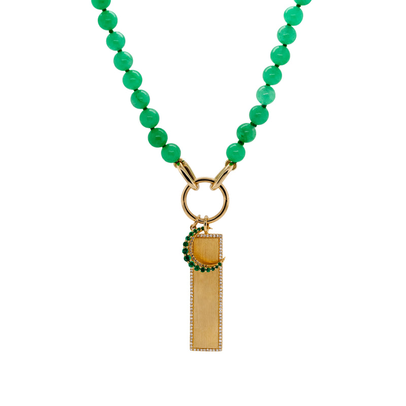 SMALL EMERALD CRESCENT & DIAMOND DOG TAG BURMESE JADE CHARM NECKLACE