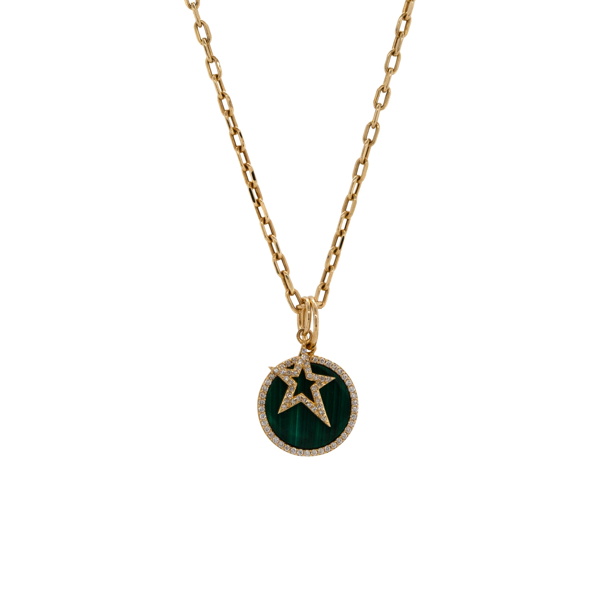 SMALL MALACHITE MEDALLION & BABY HOLLOW DIAMOND STAR CHARM NECKLACE